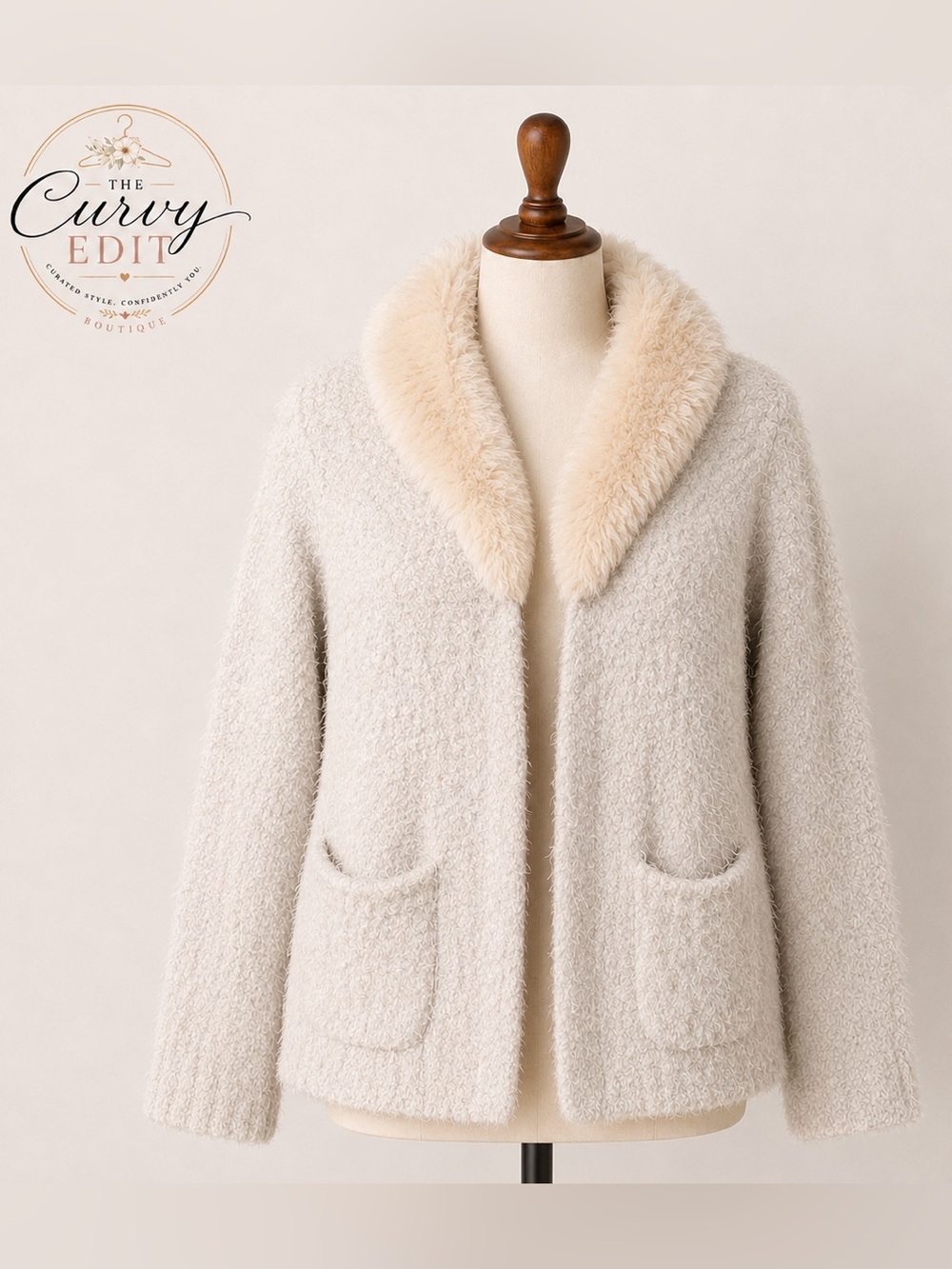 Knox Rose XXL Cream Fuzzy Cardigan Removable Faux Fur Collar Cozy Boho